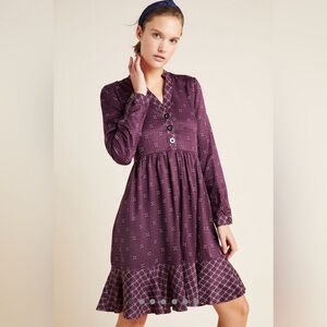 NWT Anthropology Maeve Purple Patterned Dress with Button Detail
